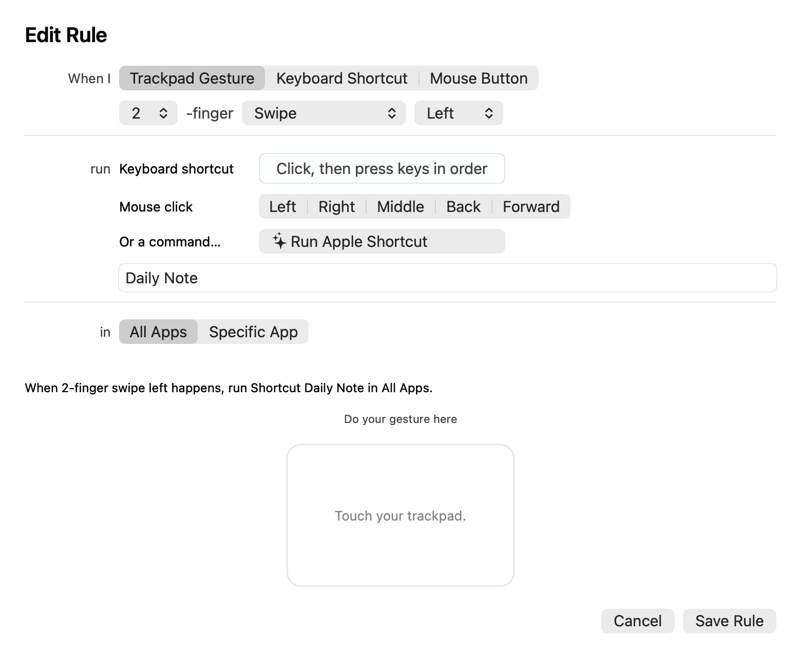 The GestureCraft rule editor: a two-finger swipe-left set to run an Apple Shortcut in all apps, with a live trackpad practice area.