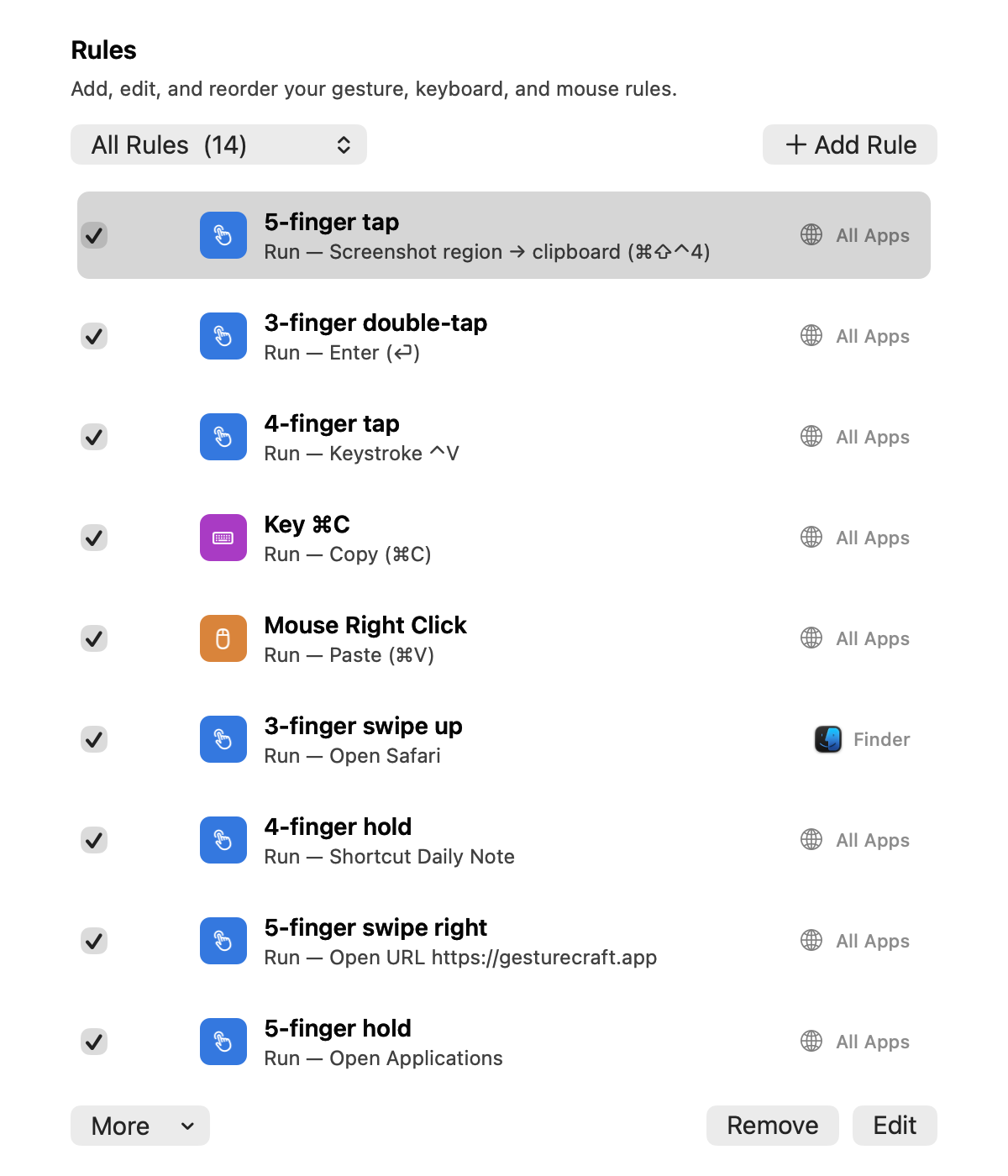 The GestureCraft Rules window: a list of rules, each showing its trackpad gesture or key, the action it runs, and the app it applies to.